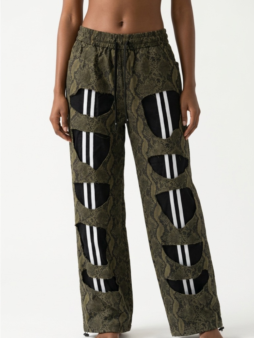 Olive Snake-Print Pants with Cutouts